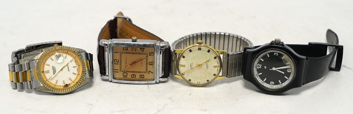 A gentleman’s gold plated Limit wrist watch and three minor watches. Condition - poor